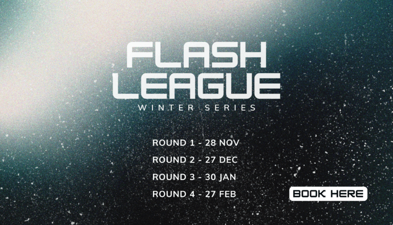 This image is a poster for the upcoming competition. The poster reads 'Flash League, Winter Series. Round one, 28th November. Round Two, 27th December, Round three, 30th January. Round four, 27th February.' There is an interactive button in the right hand corner which reads, 'book here'. Clicking this button will take you to a different website called 'Capitan' and will let you book tickets to The Flash League, Round one.